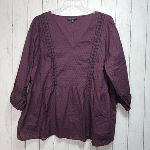 Lane Bryant Womens Purple VNeck Black Embroidered Cotton Swiss Dot Shirt Size 22